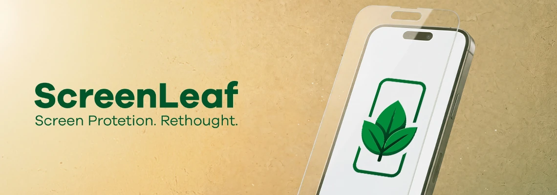 Logo ScreenLeaf avec le slogan « Screen Protection. Rethought. », à côté d'un smartphone avec logo et un film flottant