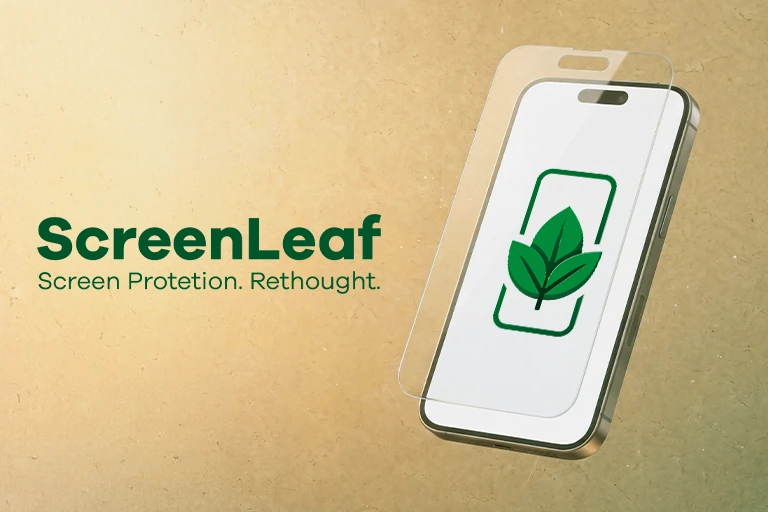 Logo ScreenLeaf avec le slogan « Screen Protection. Rethought. », à côté d'un smartphone avec logo et un film flottant