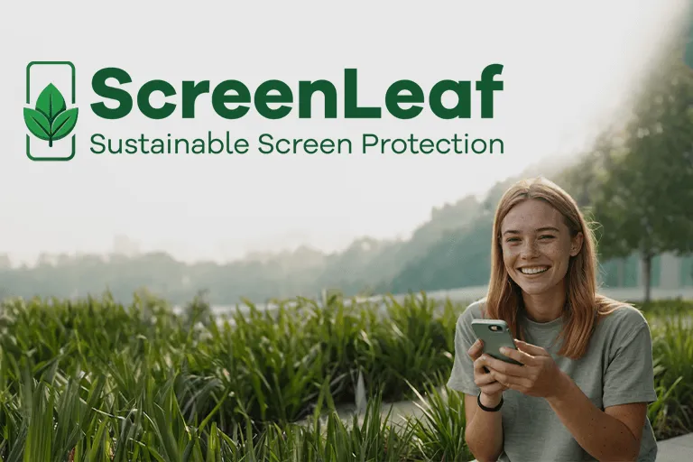 Femme avec smartphone dans un cadre vert – à côté d’elle le texte ScreenLeaf – Sustainable Screen Protection.