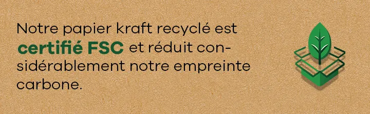 Icône verte avec feuille et boîte, accompagnée d’un texte sur le papier kraft certifié FSC à faible empreinte carbone.