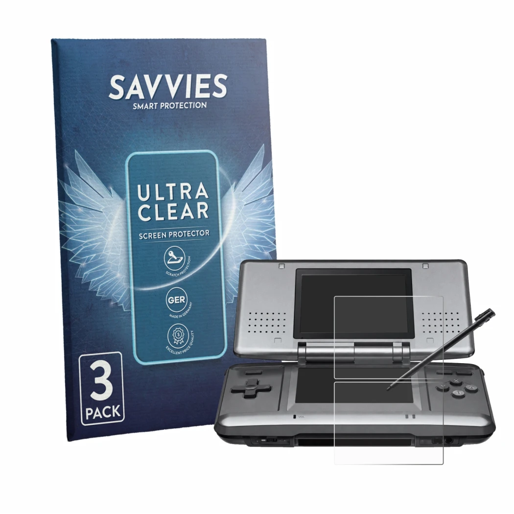 Face avant d’un emballage produit avec le logo de la marque Savvies. À côté, l’appareil Nintendo DS est représenté avec la pro