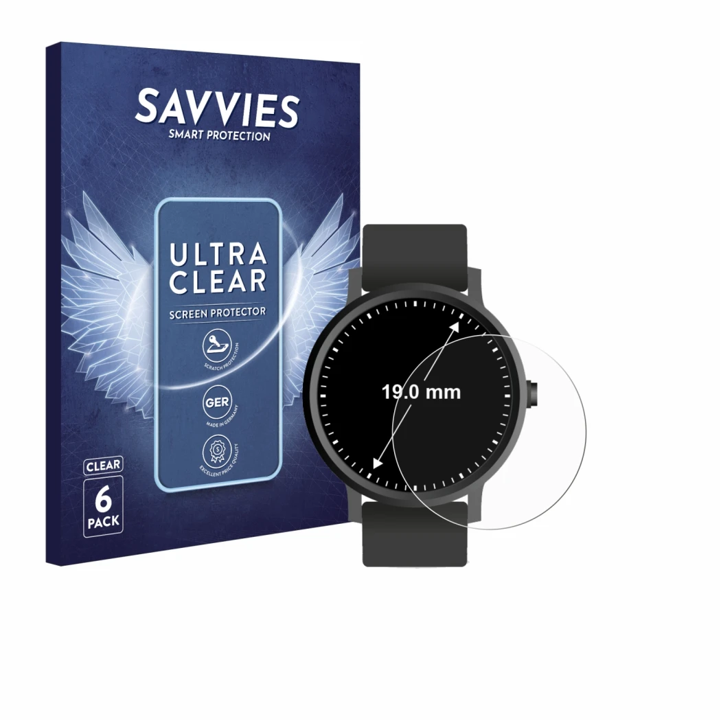 Face avant d’un emballage produit avec le logo de la marque Savvies. À côté, l’appareil Montres (Circulaire, ø: 19 mm) est rep