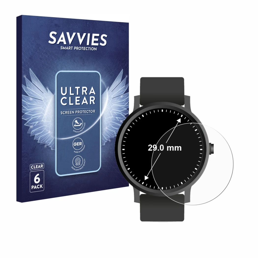 Face avant d’un emballage produit avec le logo de la marque Savvies. À côté, l’appareil Montres (Circulaire, ø: 29 mm) est rep