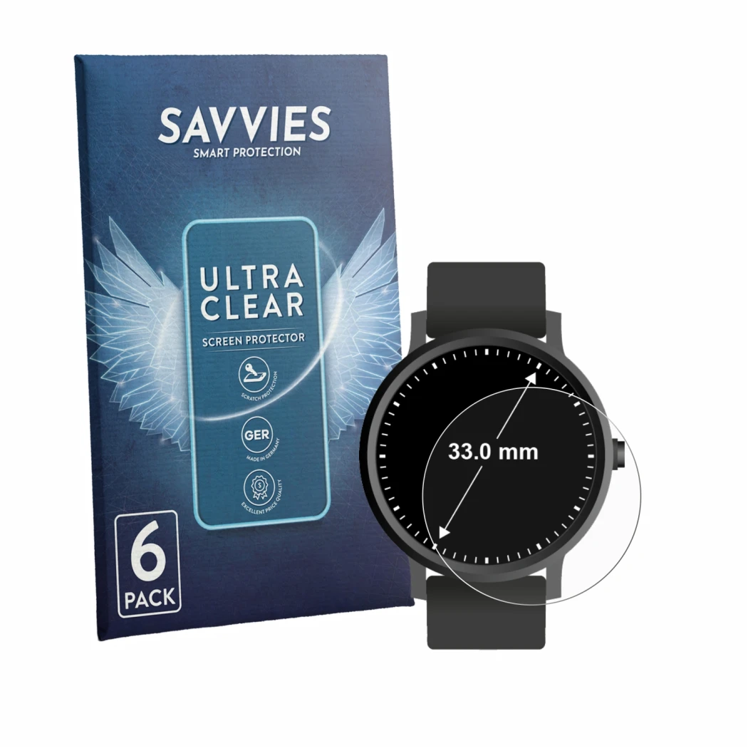 Face avant d’un emballage produit avec le logo de la marque Savvies. À côté, l’appareil Montres (Circulaire, ø: 33 mm) est rep