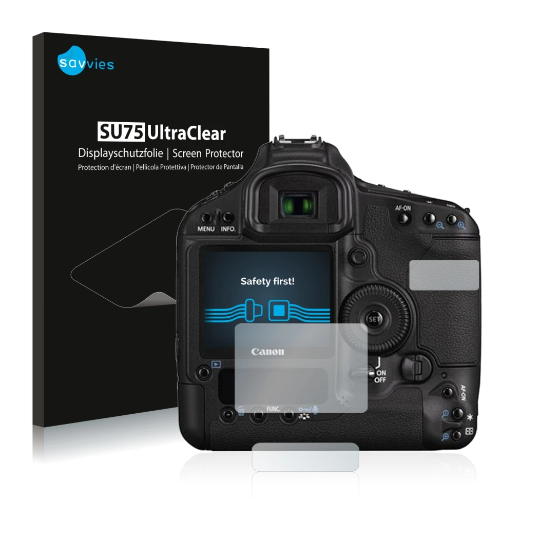 Face avant d’un emballage produit avec le logo de la marque Savvies. À côté, l’appareil Canon EOS 1D Mark III est représenté a