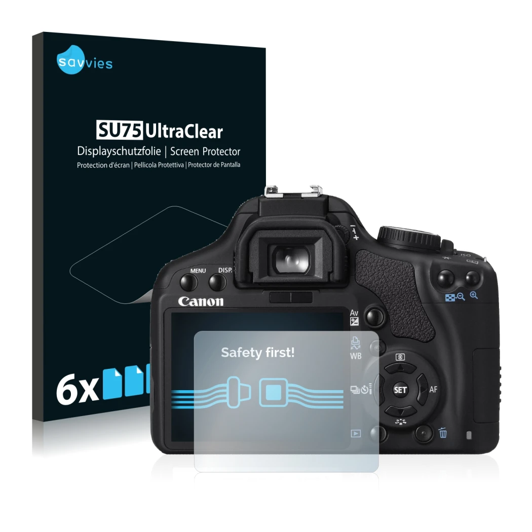 Face avant d’un emballage produit avec le logo de la marque Savvies. À côté, l’appareil Canon EOS 450D est représenté avec la 