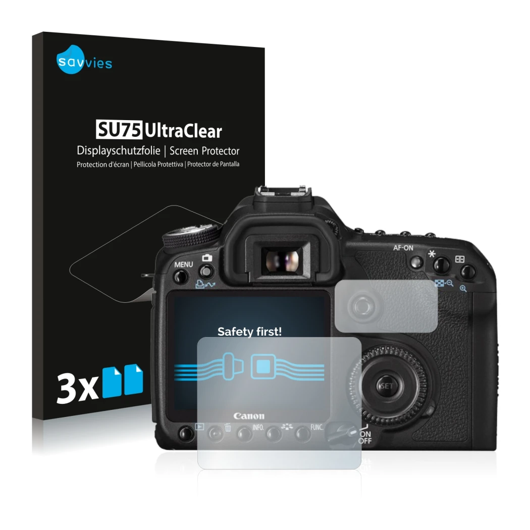 Face avant d’un emballage produit avec le logo de la marque Savvies. À côté, l’appareil Canon EOS 50D est représenté avec la p
