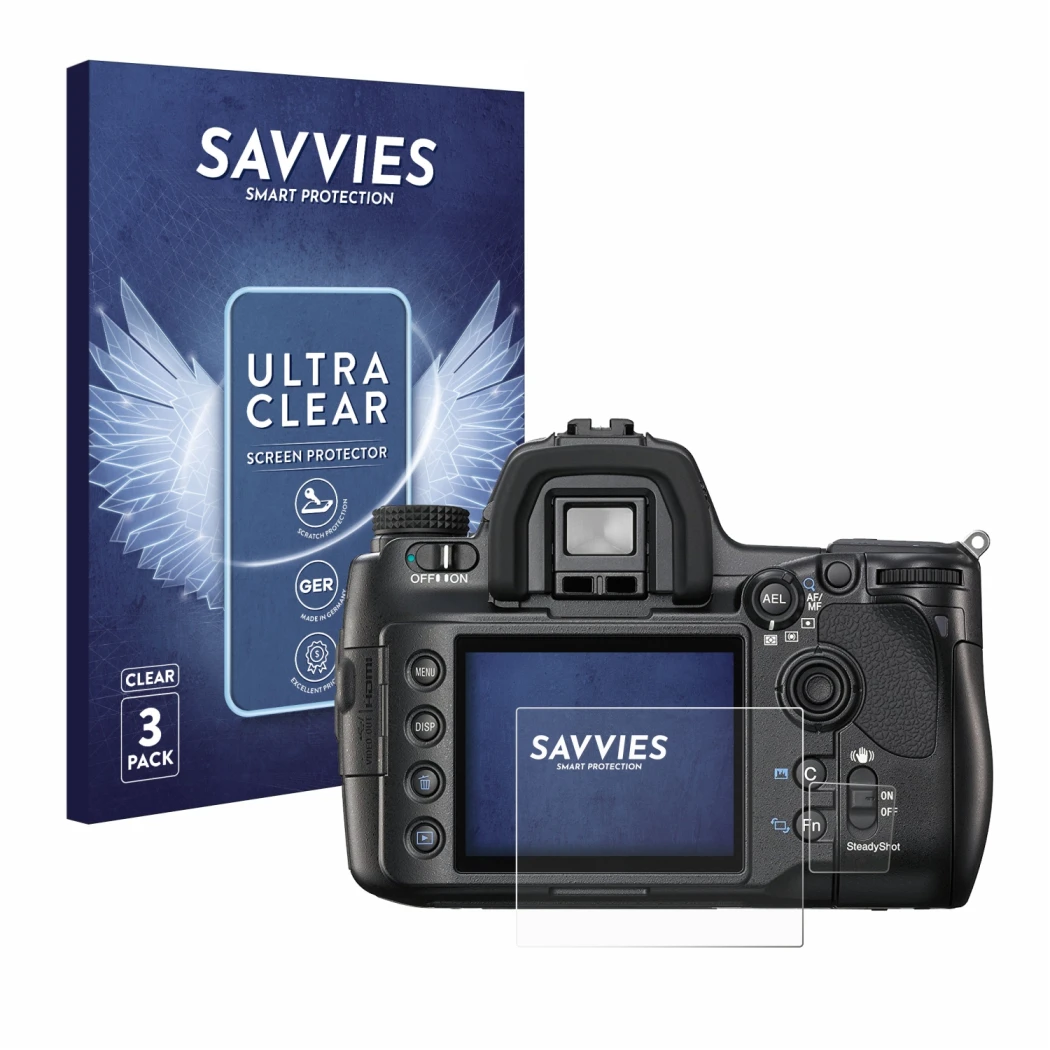 Face avant d’un emballage produit avec le logo de la marque Savvies. À côté, l’appareil Sony Alpha 900 (DSLR-A900) est représe