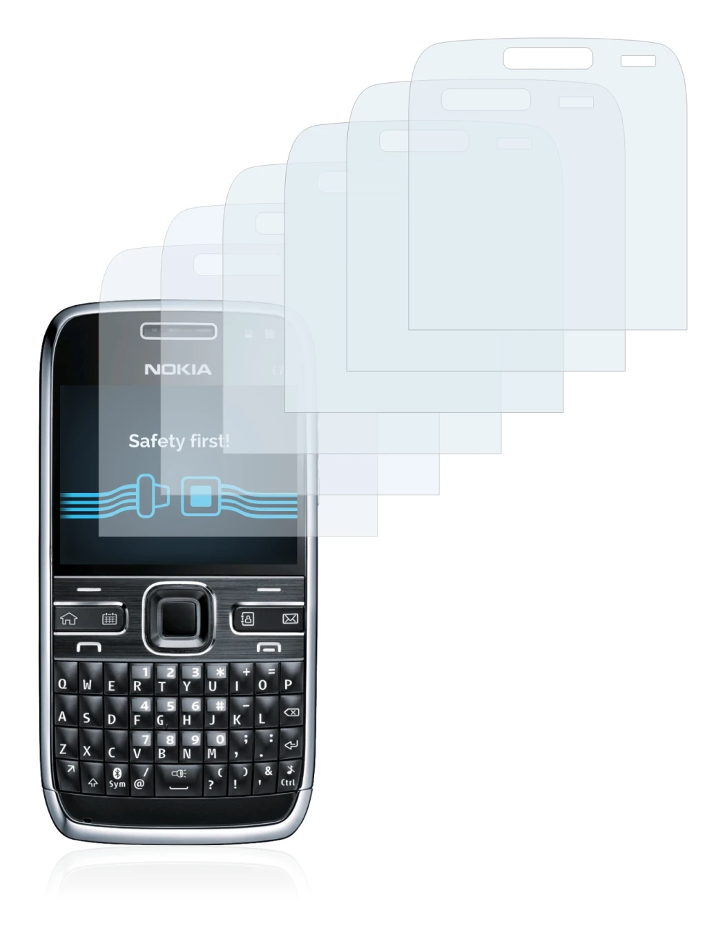 Image de l'appareil Nokia E72 avec une grande variété de protections d'écran.