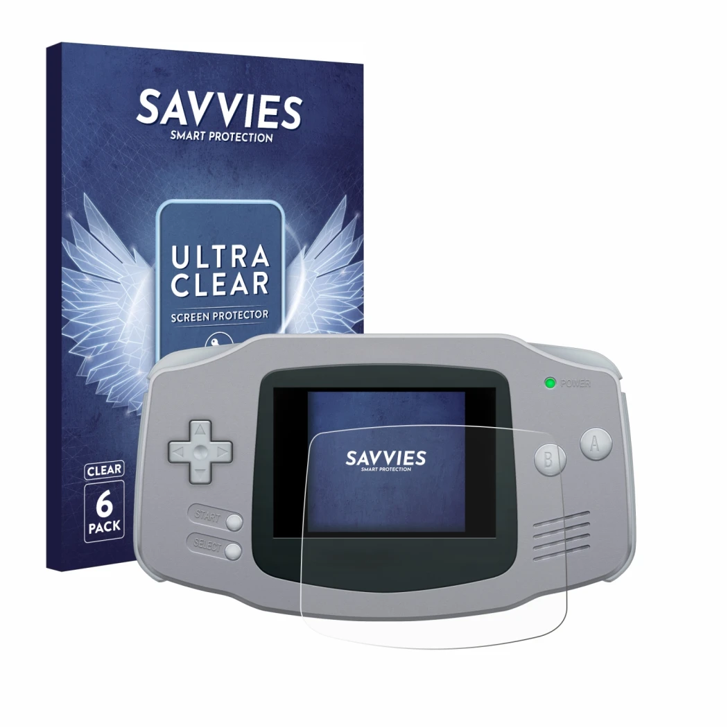 Face avant d’un emballage produit avec le logo de la marque Savvies. À côté, l’appareil Nintendo Gameboy Advance GBA est repré