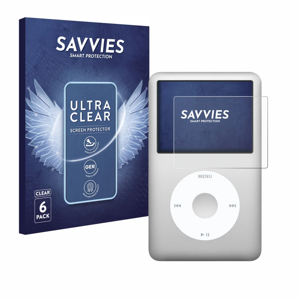 Face avant d’un emballage produit avec le logo de la marque Savvies. À côté, l’appareil Apple iPod classic 160 GB (7ème Gen.) 