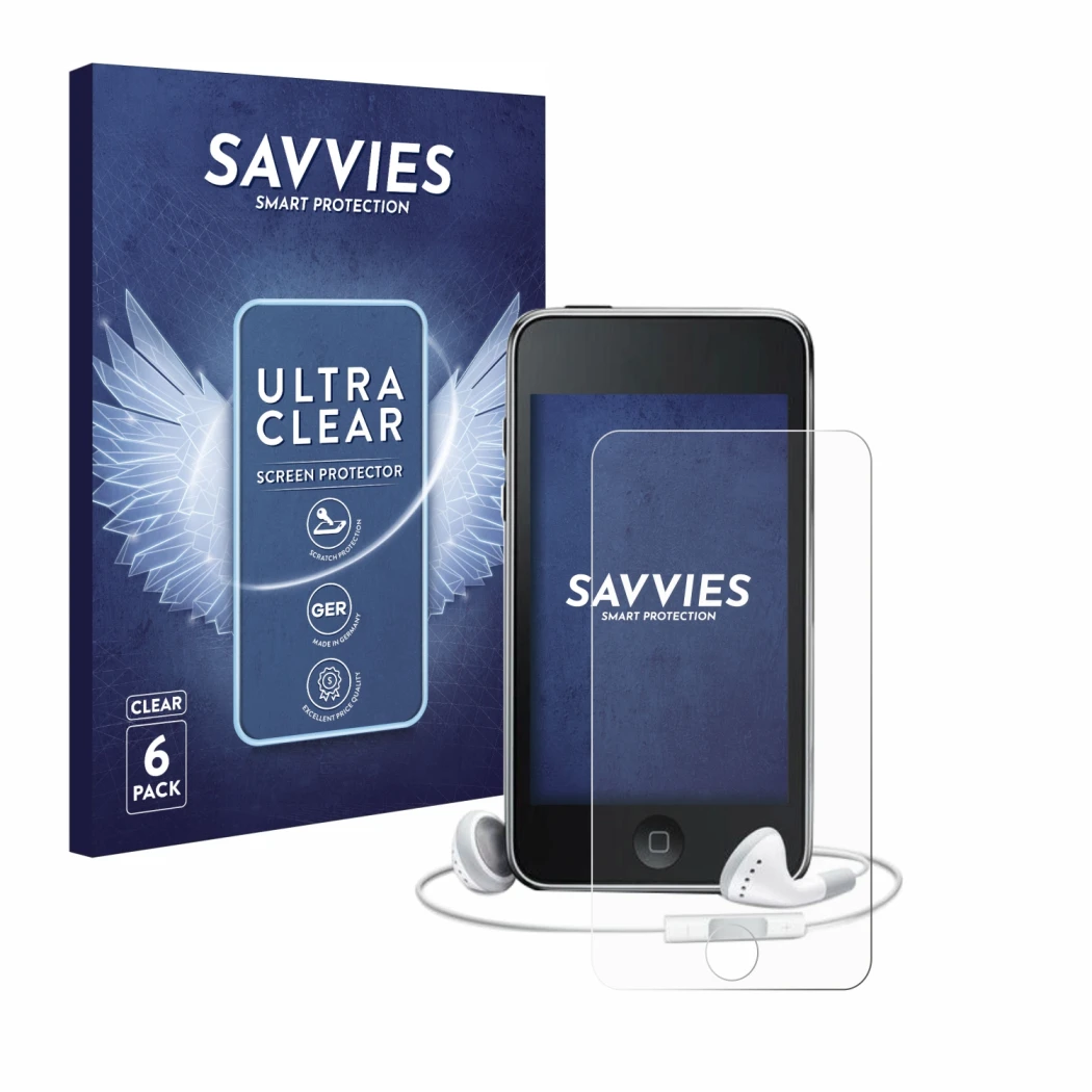Face avant d’un emballage produit avec le logo de la marque Savvies. À côté, l’appareil Apple iPod Touch (3ème Gen.) est repré
