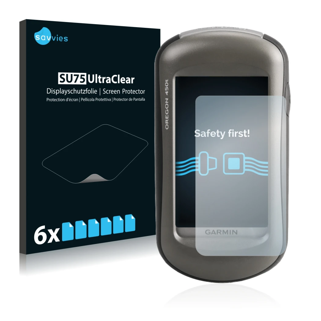 Face avant d’un emballage produit avec le logo de la marque Savvies. À côté, l’appareil Garmin Oregon 450 est représenté avec 
