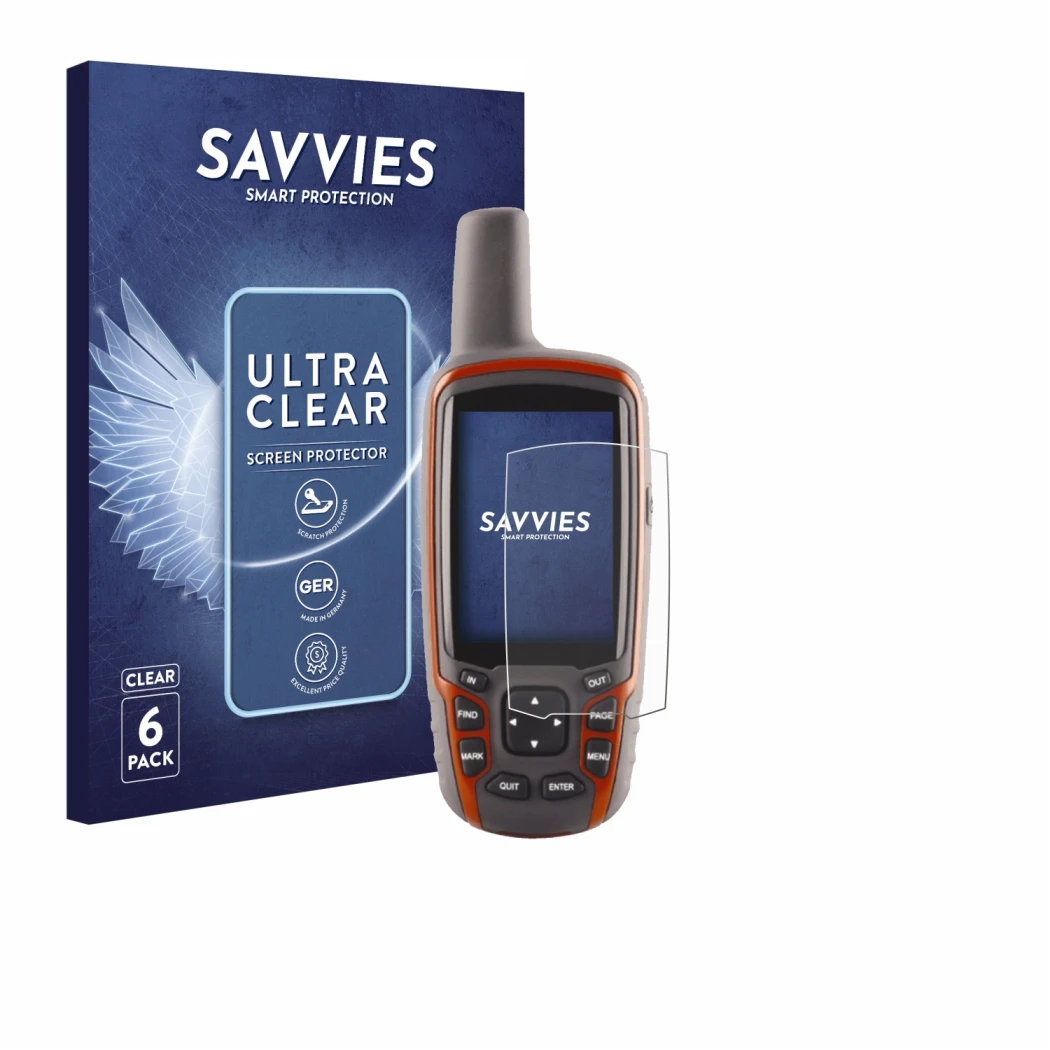 Face avant d’un emballage produit avec le logo de la marque Savvies. À côté, l’appareil Garmin GPSMAP 62s est représenté avec 