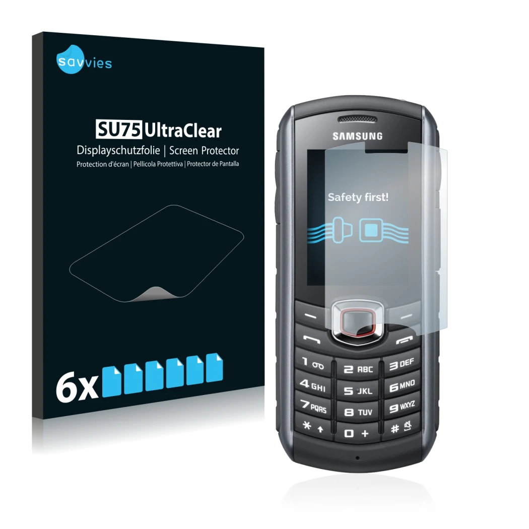 Face avant d’un emballage produit avec le logo de la marque Savvies. À côté, l’appareil Samsung GT-B2710 est représenté avec l