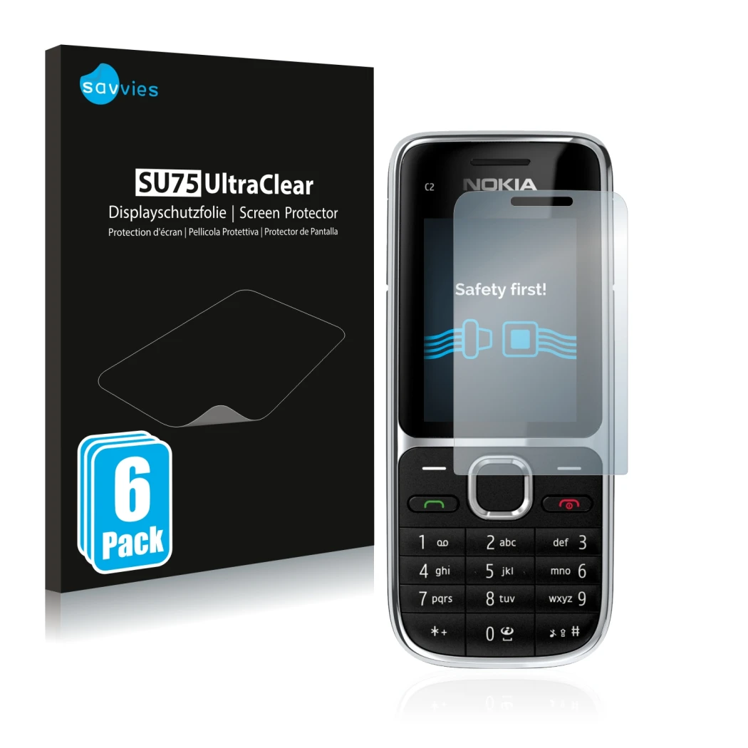 Face avant d’un emballage produit avec le logo de la marque Savvies. À côté, l’appareil Nokia C2-01 est représenté avec la pro