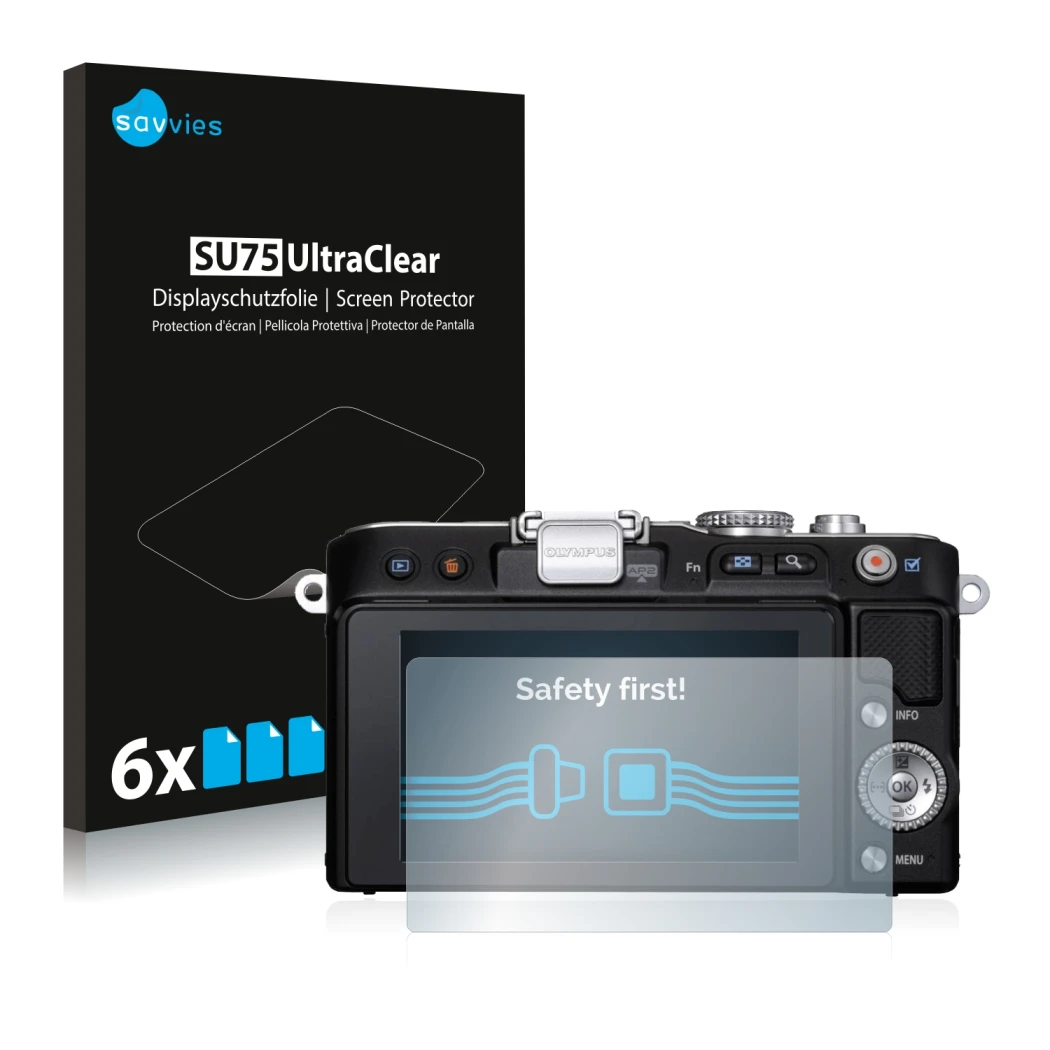 Face avant d’un emballage produit avec le logo de la marque Savvies. À côté, l’appareil Olympus PEN E-PL3 est représenté avec 