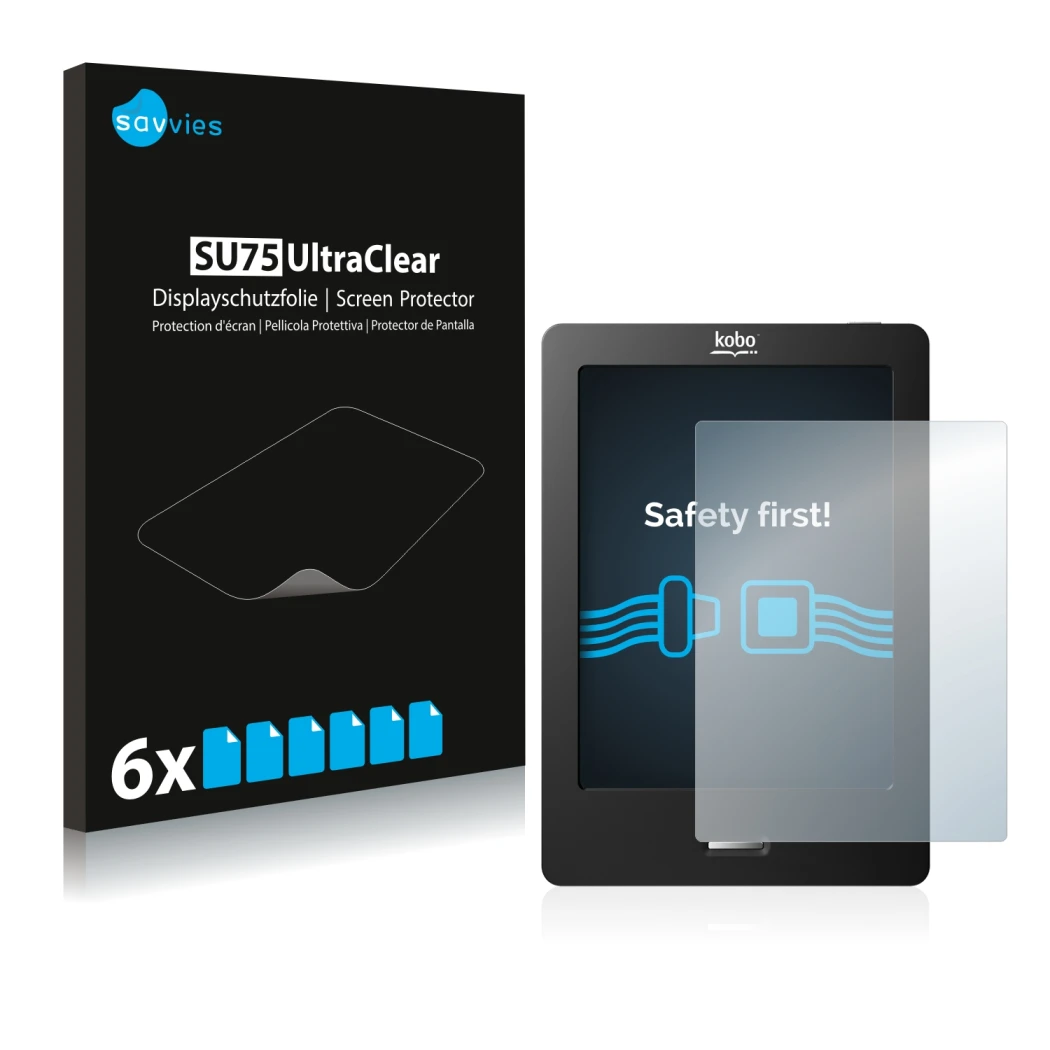 Face avant d’un emballage produit avec le logo de la marque Savvies. À côté, l’appareil Kobo eReader Touch est représenté avec