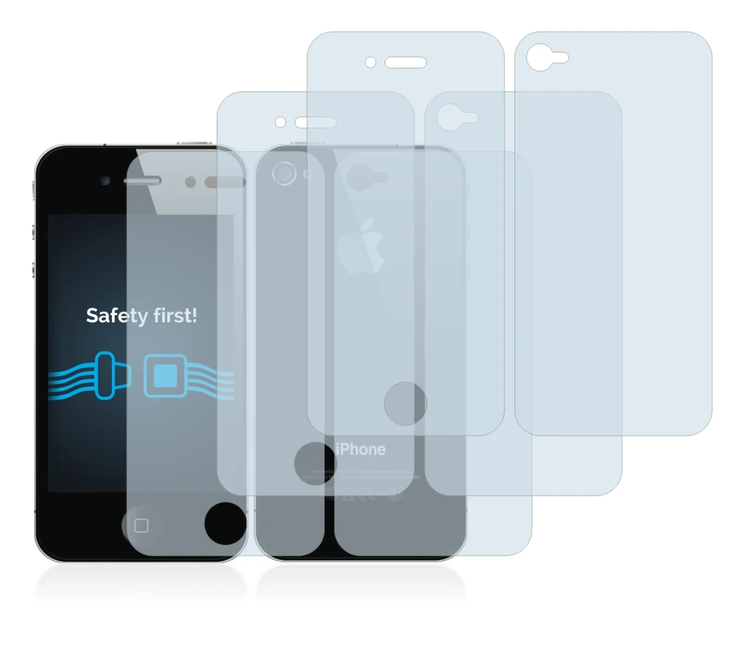 Image de l'appareil Apple iPhone 4S (Avant+Arrière) avec une grande variété de protections d'écran.