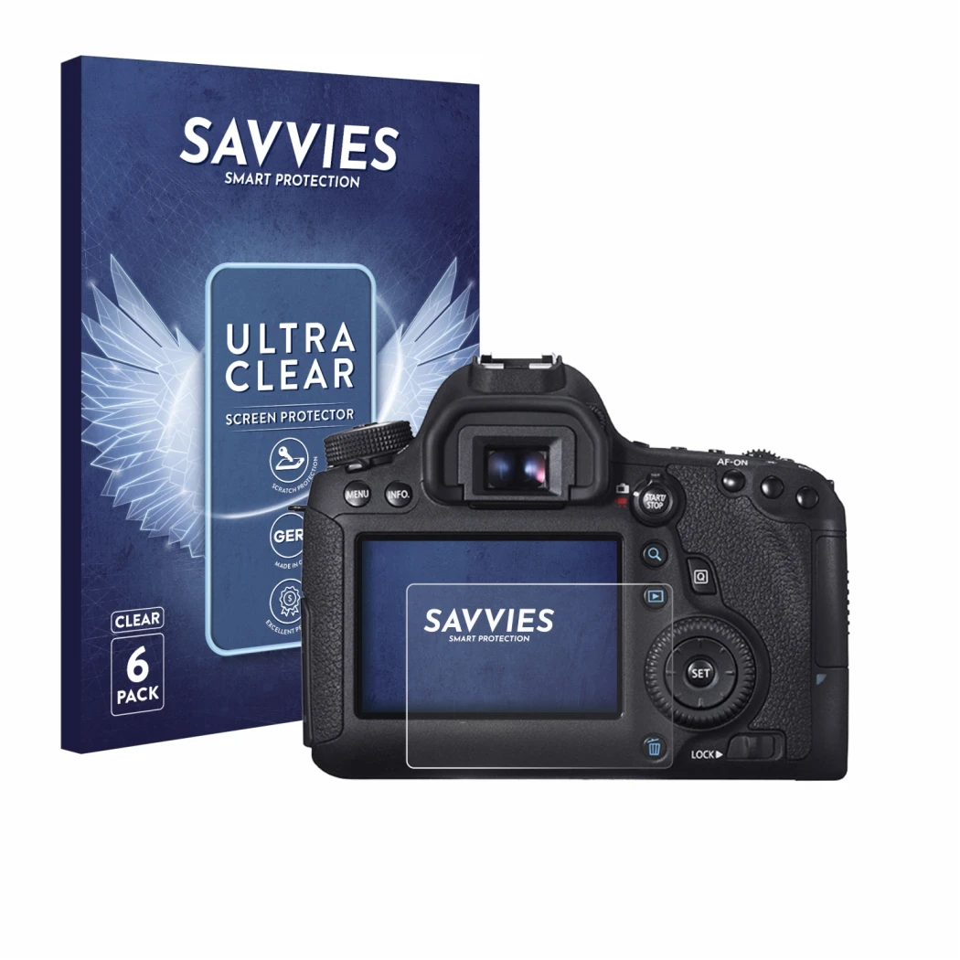 Face avant d’un emballage produit avec le logo de la marque Savvies. À côté, l’appareil Canon EOS 6D est représenté avec la pr