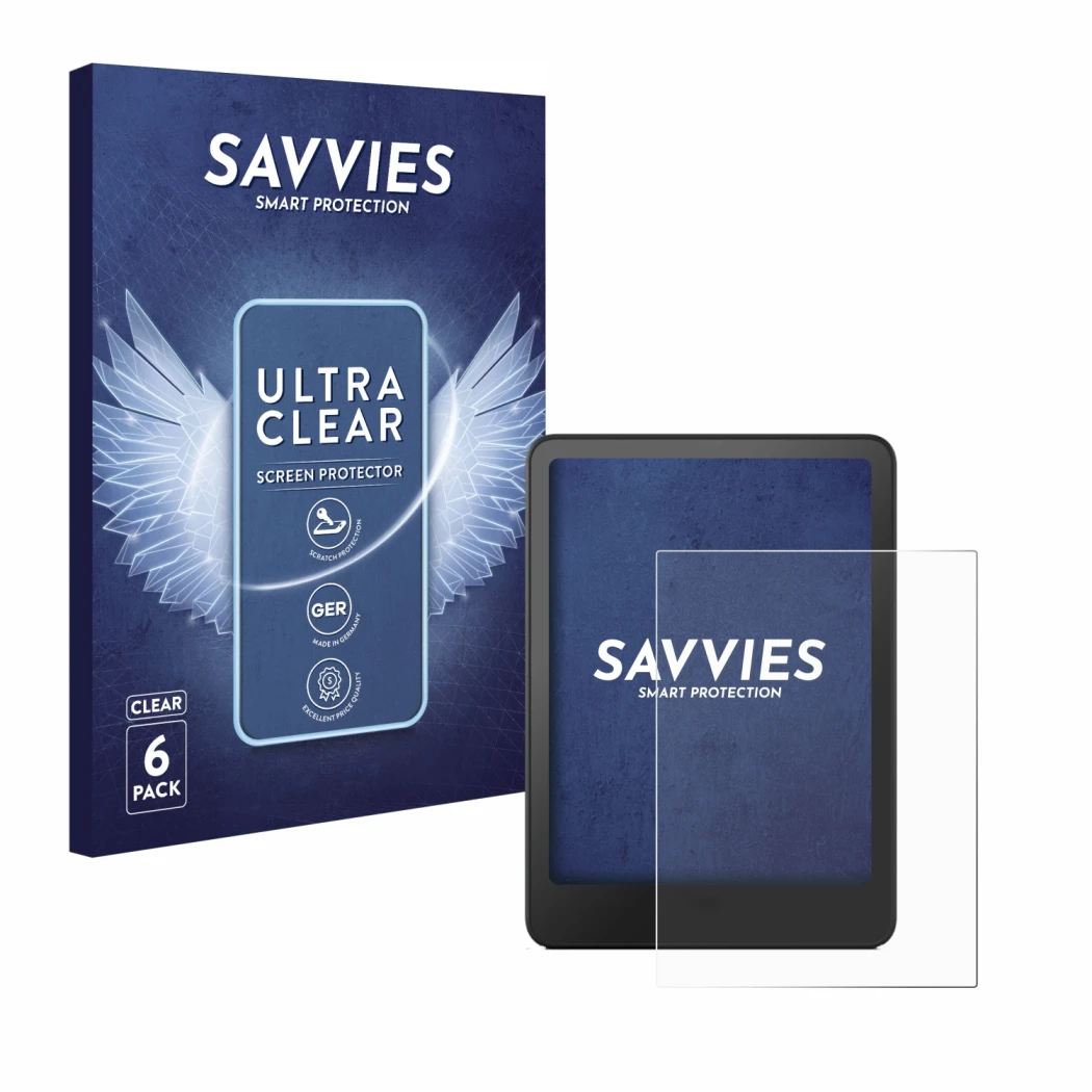 Face avant d’un emballage produit avec le logo de la marque Savvies. À côté, l’appareil Amazon Kindle Paperwhite 2012 est repr