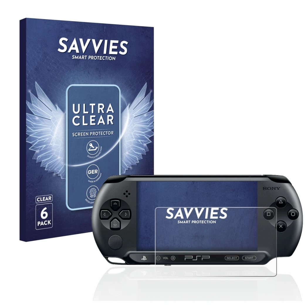 Face avant d’un emballage produit avec le logo de la marque Savvies. À côté, l’appareil Sony PSP 1004 est représenté avec la p