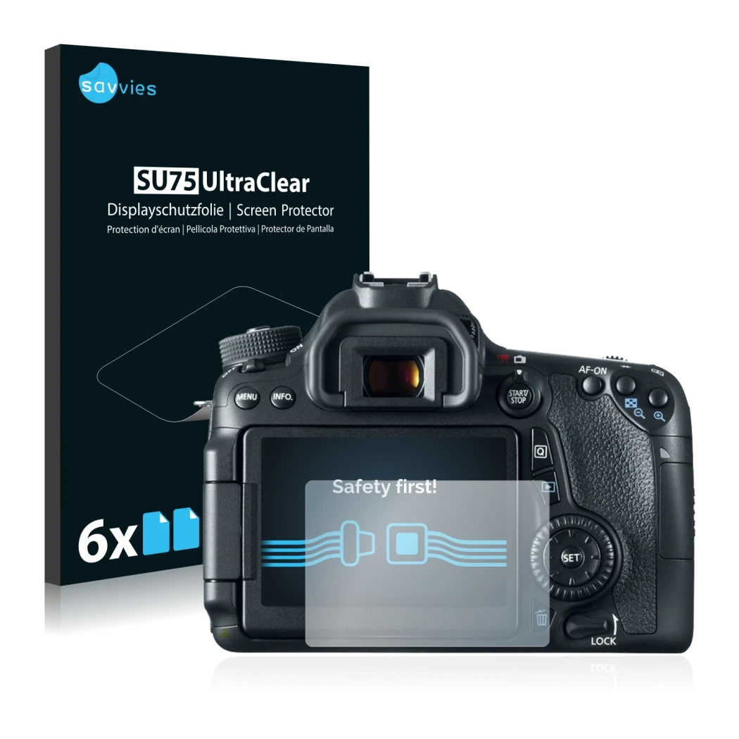 Face avant d’un emballage produit avec le logo de la marque Savvies. À côté, l’appareil Canon EOS 70D est représenté avec la p