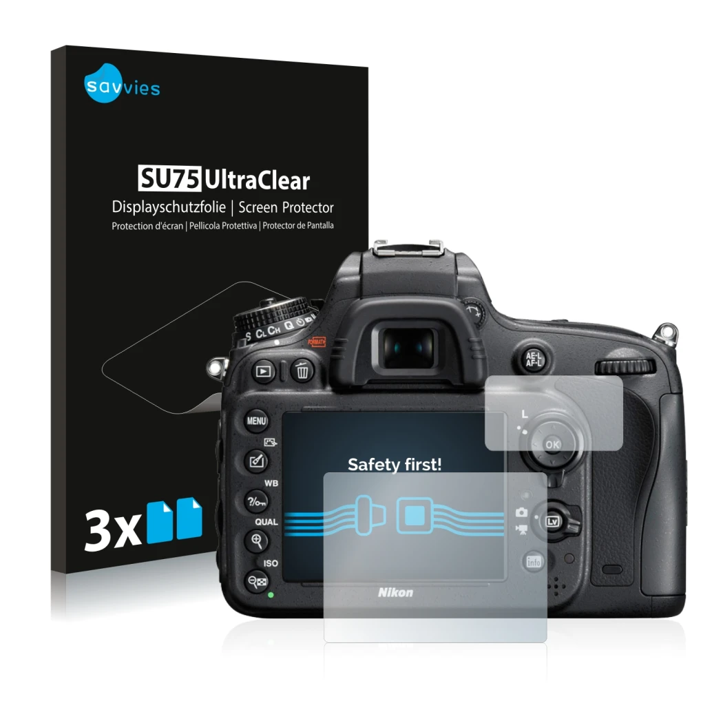 Face avant d’un emballage produit avec le logo de la marque Savvies. À côté, l’appareil Nikon D610 est représenté avec la prot