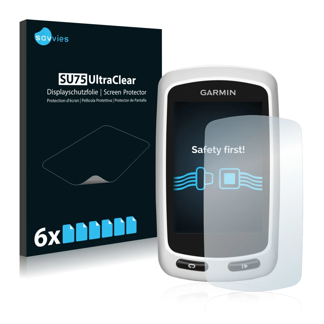 Face avant d’un emballage produit avec le logo de la marque Savvies. À côté, l’appareil Garmin Edge Touring Plus est représent