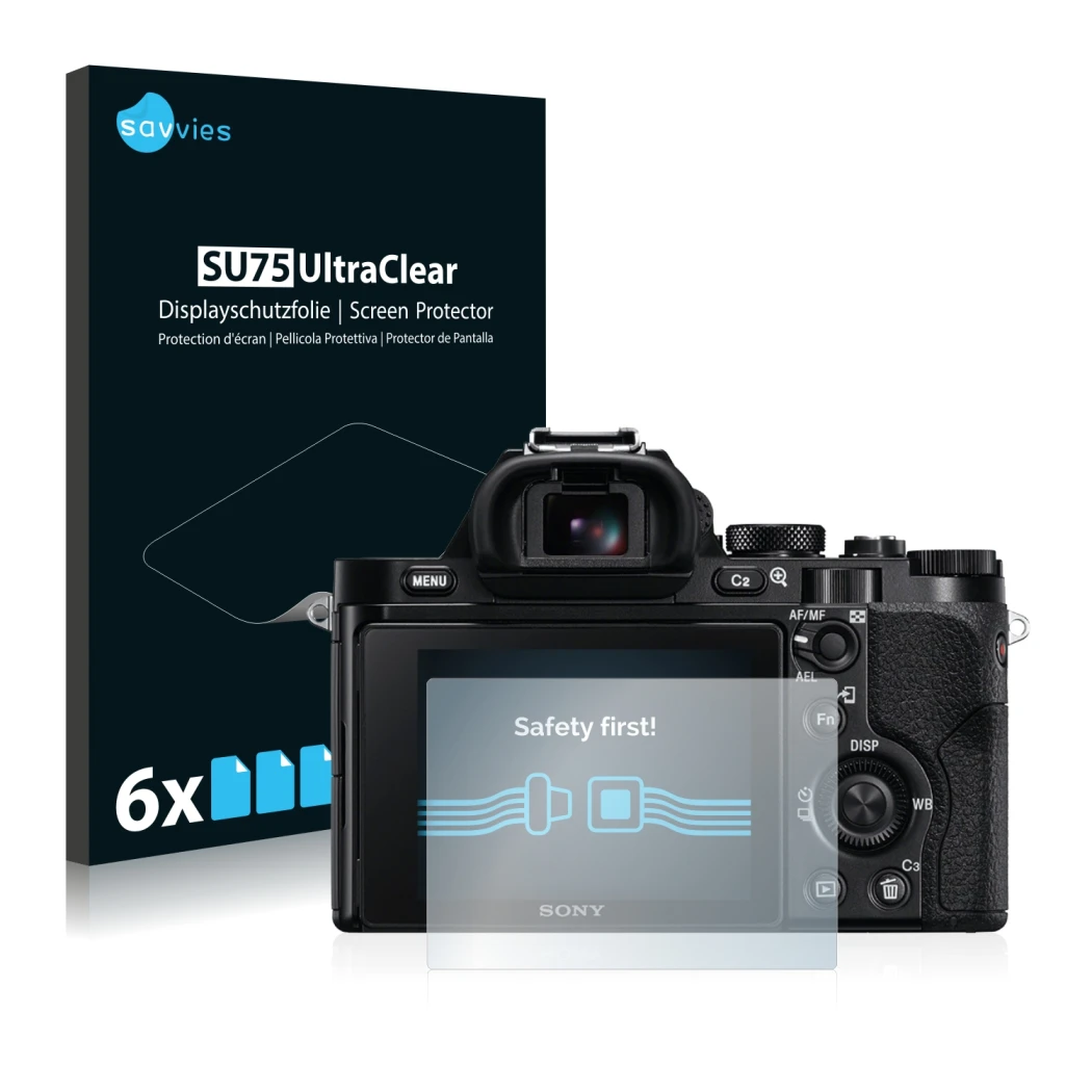 Face avant d’un emballage produit avec le logo de la marque Savvies. À côté, l’appareil Sony Alpha 7R (ILCE-7R) est représenté