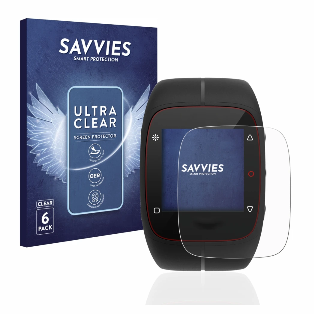 Face avant d’un emballage produit avec le logo de la marque Savvies. À côté, l’appareil Polar M400 est représenté avec la prot