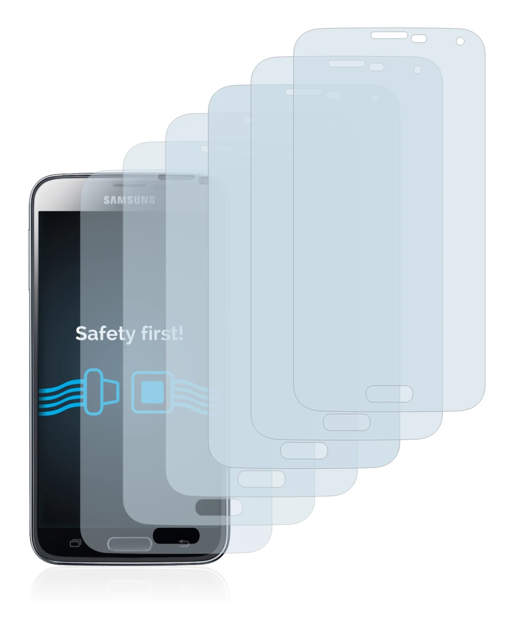 Image de l'appareil Samsung Galaxy S5 avec une grande variété de protections d'écran.