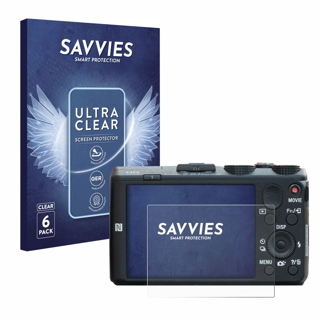 Face avant d’un emballage produit avec le logo de la marque Savvies. À côté, l’appareil Sony Cyber-Shot DSC-HX60 est représent