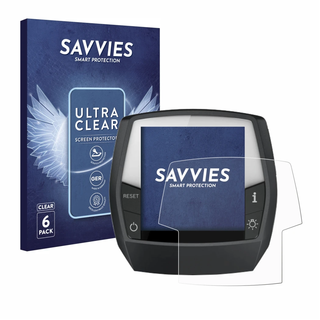 Face avant d’un emballage produit avec le logo de la marque Savvies. À côté, l’appareil Bosch Intuvia Active Line est représen