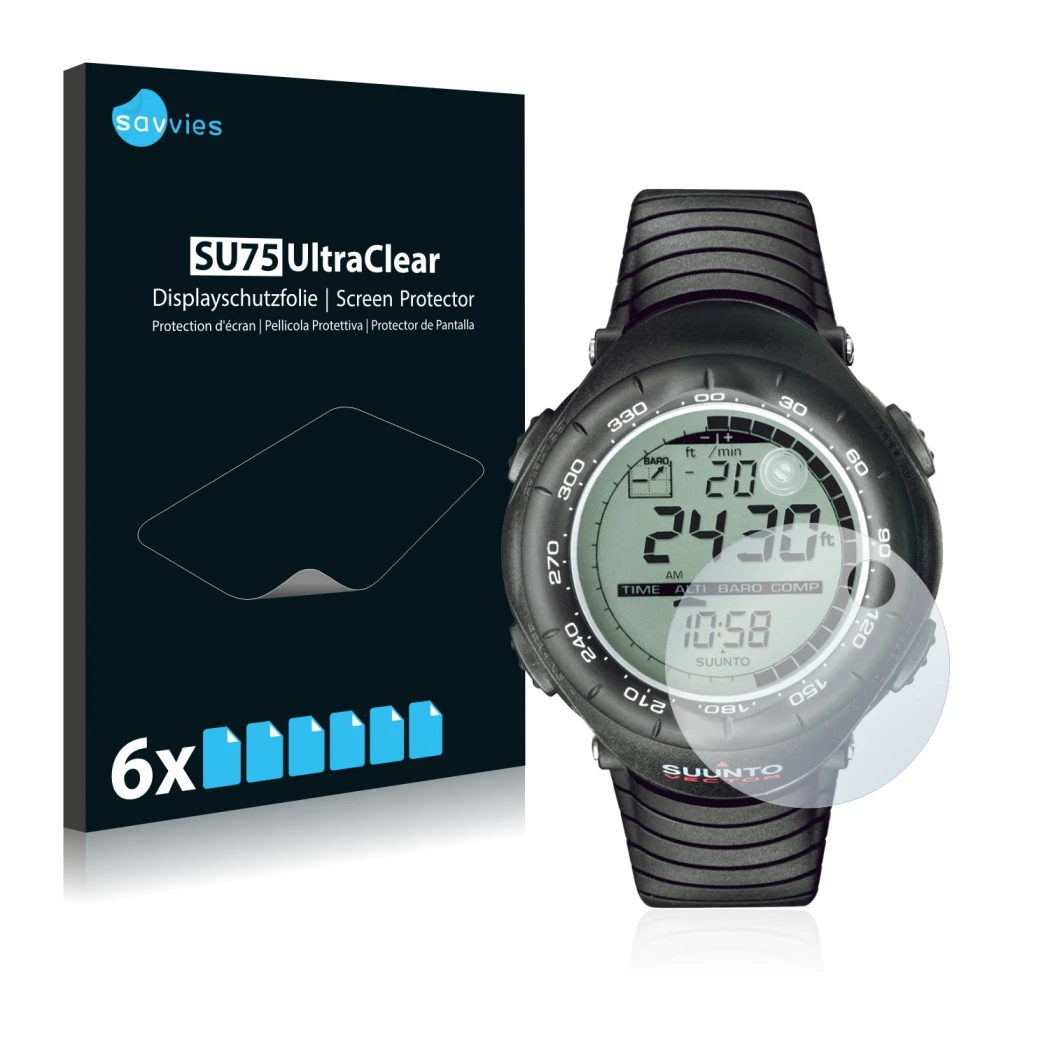 Face avant d’un emballage produit avec le logo de la marque Savvies. À côté, l’appareil Suunto Vector Black est représenté ave