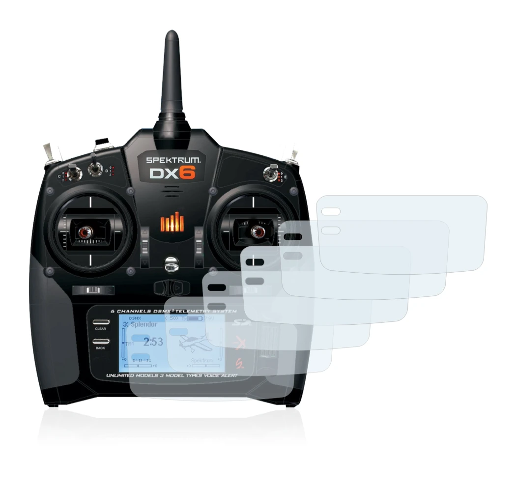 Image de l'appareil Spektrum DX6 avec une grande variété de protections d'écran.
