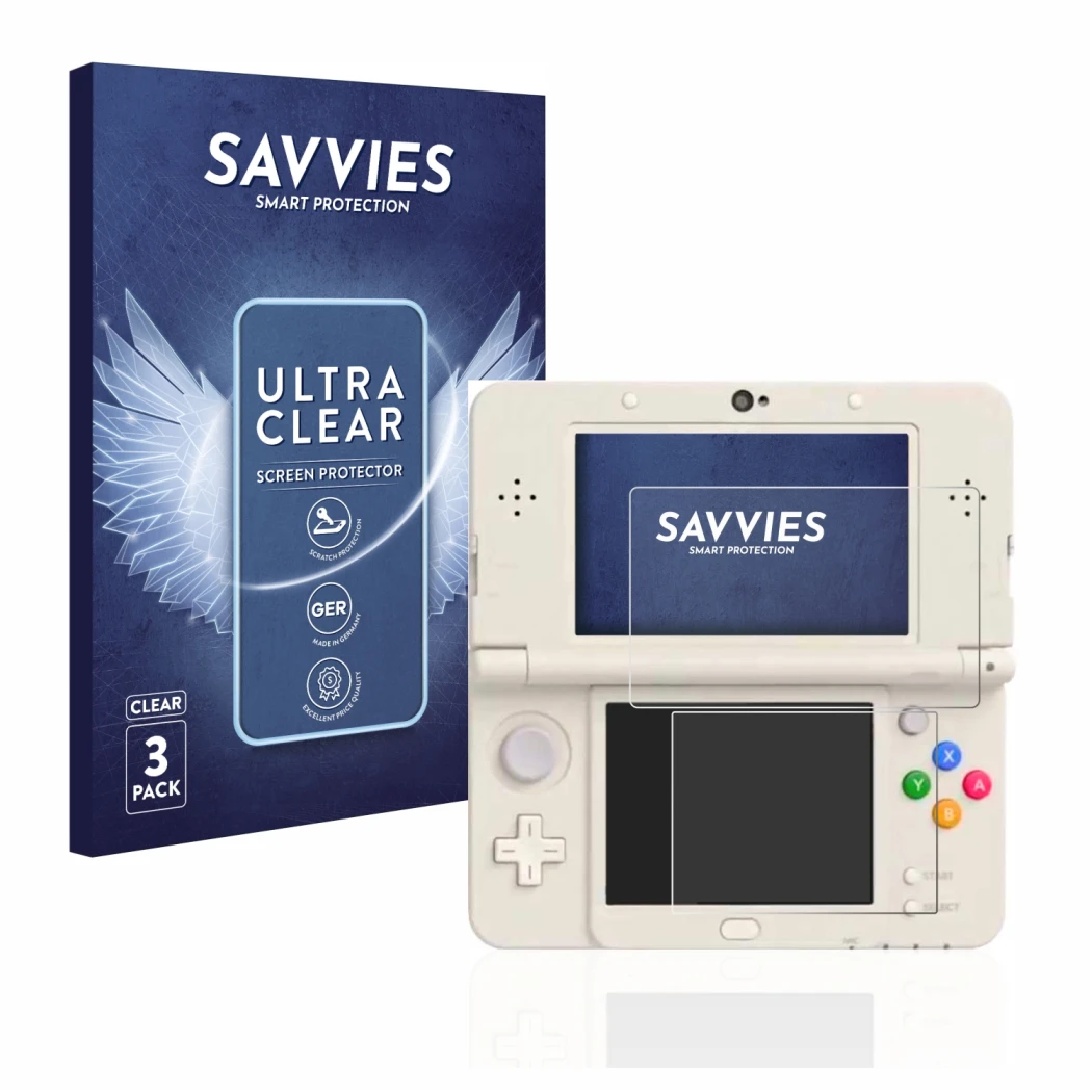 Face avant d’un emballage produit avec le logo de la marque Savvies. À côté, l’appareil Nintendo New 3DS est représenté avec l