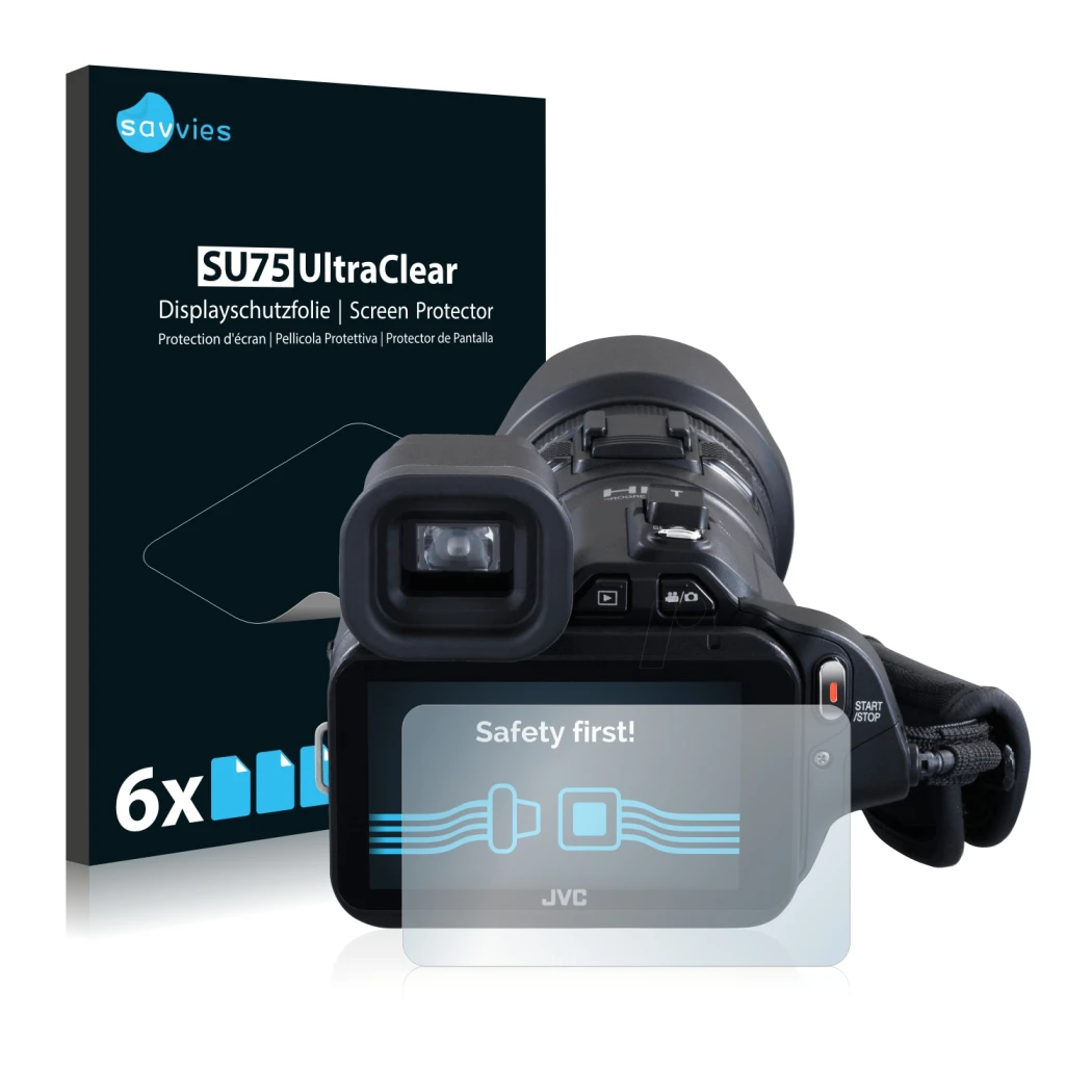 Face avant d’un emballage produit avec le logo de la marque Savvies. À côté, l’appareil JVC GC-PX100BEU est représenté avec la