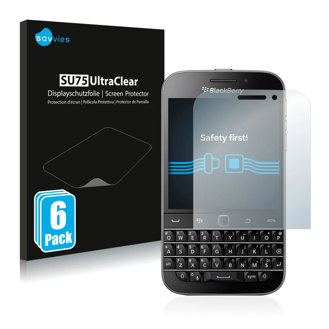 Face avant d’un emballage produit avec le logo de la marque Savvies. À côté, l’appareil Blackberry Classic Q20 est représenté 
