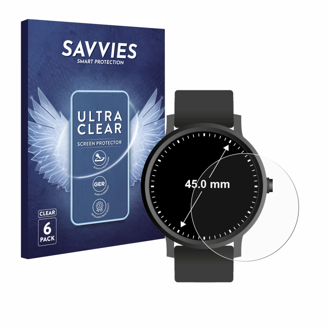 Face avant d’un emballage produit avec le logo de la marque Savvies. À côté, l’appareil Montres (Circulaire, ø: 45 mm) est rep