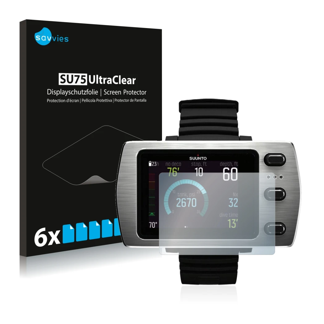 Face avant d’un emballage produit avec le logo de la marque Savvies. À côté, l’appareil Suunto Eon Steel est représenté avec l