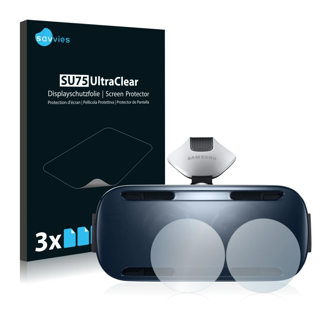 Face avant d’un emballage produit avec le logo de la marque Savvies. À côté, l’appareil Samsung Gear VR est représenté avec la