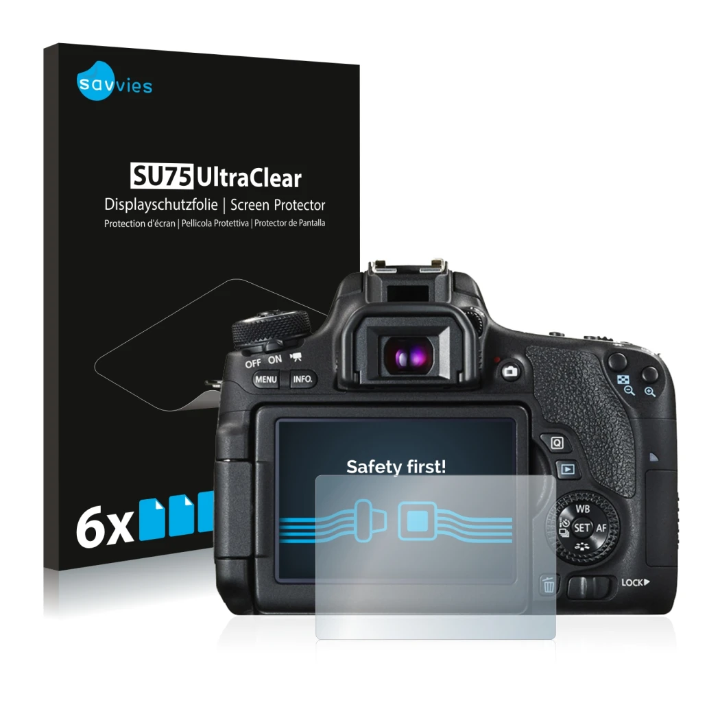 Face avant d’un emballage produit avec le logo de la marque Savvies. À côté, l’appareil Canon EOS 760D est représenté avec la 