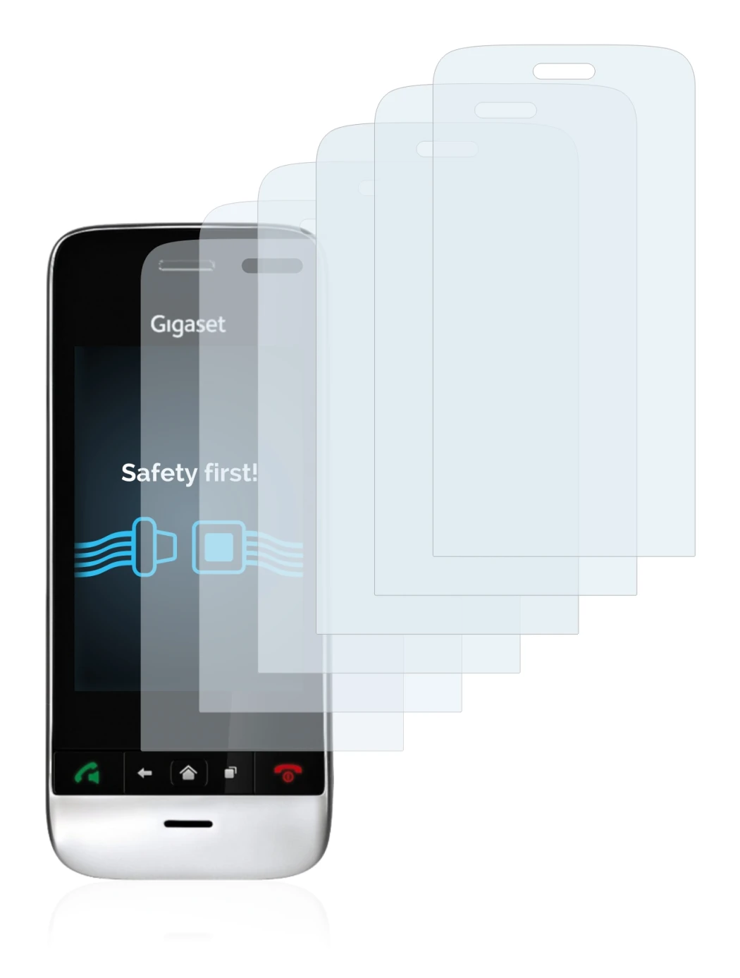 Image de l'appareil Gigaset SL910 (découpe allongée) avec une grande variété de protections d'écran.