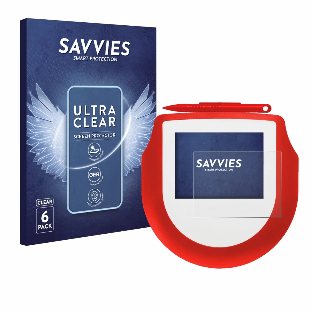Face avant d’un emballage produit avec le logo de la marque Savvies. À côté, l’appareil Signotec Signature Pad Omega est repré