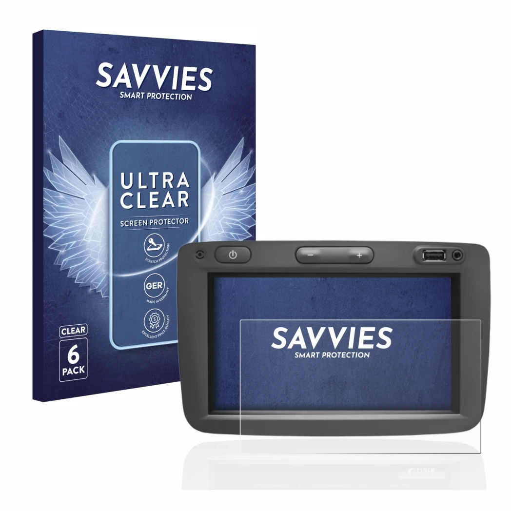 Face avant d’un emballage produit avec le logo de la marque Savvies. À côté, l’appareil Dacia Media Nav est représenté avec la