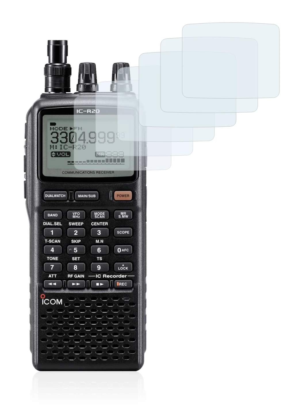 Image de l'appareil Icom IC-R20 avec une grande variété de protections d'écran.