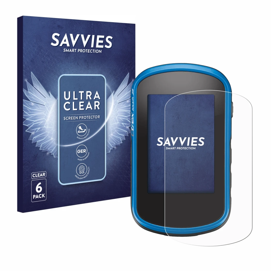Face avant d’un emballage produit avec le logo de la marque Savvies. À côté, l’appareil Garmin eTrex Touch 35 est représenté a
