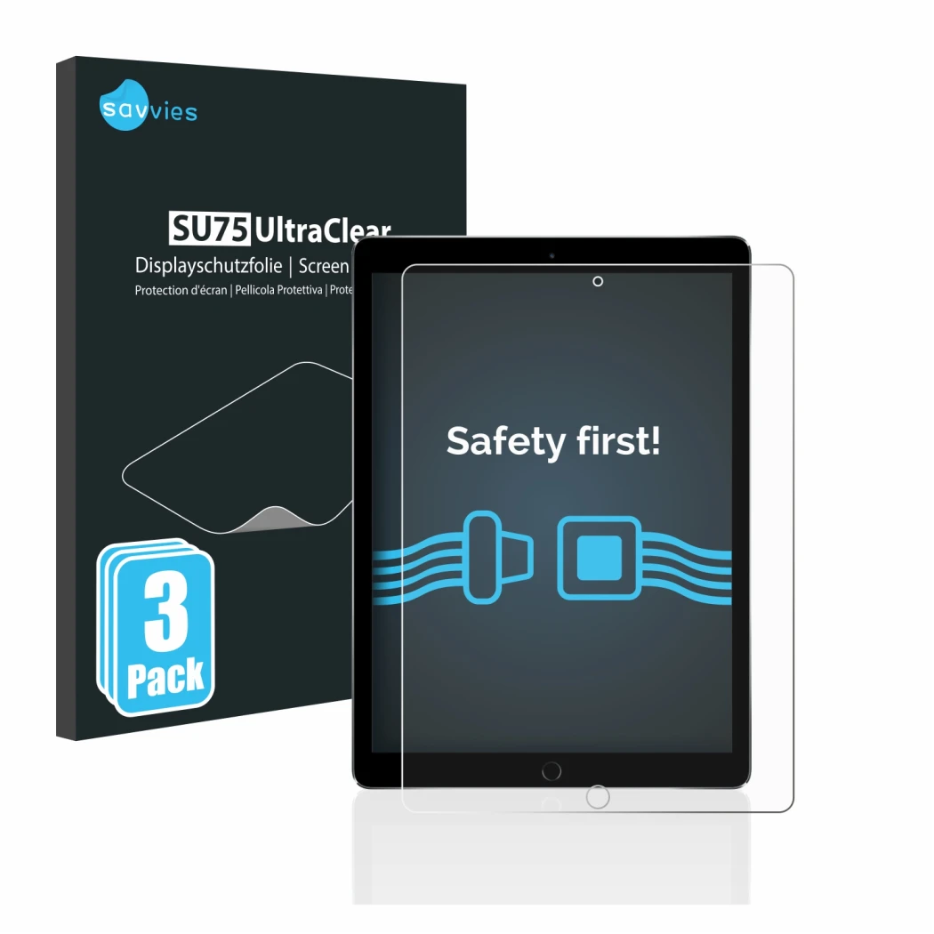 Face avant d’un emballage produit avec le logo de la marque Savvies. À côté, l’appareil Apple iPad Pro 12.9