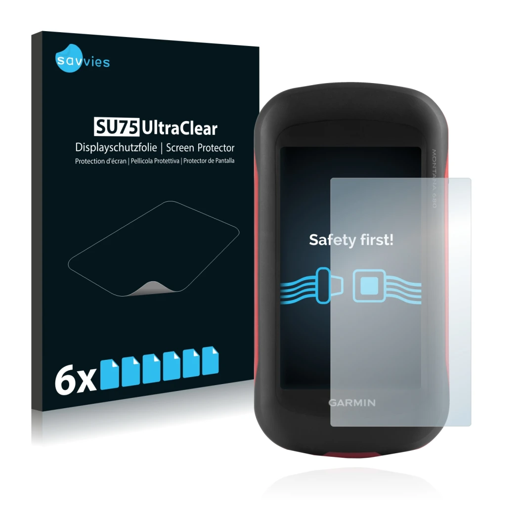 Face avant d’un emballage produit avec le logo de la marque Savvies. À côté, l’appareil Garmin Montana 680 est représenté avec